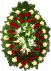 Coroana funerara de lux cu trandafiri si crini albi